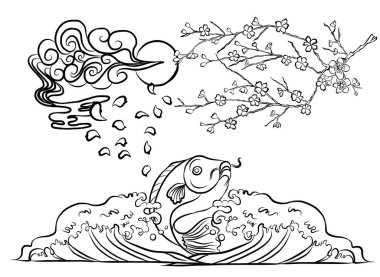 Dövme için Japon stili ve tasarımı. Beyaz izole arka plandaki elementler için geleneksel Japon kültürü..