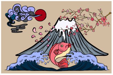 Fuji dağ vektörü. Japon dağ duvar kağıdı ve kırmızı güneş. Fuji Dağı boyama kitabı ile Japon dalgası..