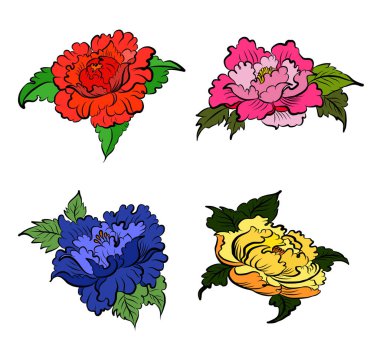 Arkaplanda resim yapmak için çiçek vektörü seti. Perdeye yazı yazdırmak için şakayık. Nakış tarzı için geleneksel Asya çiçekleri. Gül çiçeği. Yaz için güzel bir çizgi..