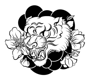 Geleneksel Japon kaplan dövmesi. Tiger Sticker dövme tasarımı, siyah arka plan karikatür kaplan. Vektör