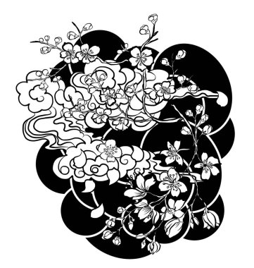 Renklendirme kitabı için Japon çiçeği. Asya 'nın vektör illüstrasyonu. Dövme fikri için arka plan tasarımı. Peony ve Chrysanthemum tişörtlere işemek için vektör..