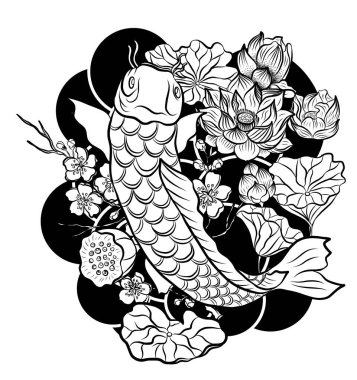 Japon koi balığı dövmesi çiziminin vektör çizimi. Japon geçmişi. Koi balığı dövmesi. El çizimi koi balığı ve Çin karalama sanatı. Şakayık, kiraz çiçeği ve nilüfer çiçeği taşıyıcısı.