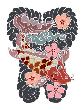 Güzel çizgi sanatı Koi sazan dövmesi tasarımı, renkli koi balığı ve çiçek. Karalama sanatı, boyama kitabı ve gelecek nesillere baskı için geleneksel Japon kültürü. Koi balığı arkaplanlı kiraz çiçeği vektörü..