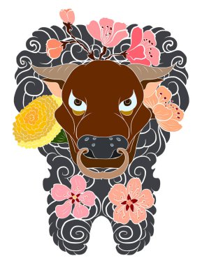 Mutlu yıllar için arka planda çiçekli inek. İnek ve sakura, kadife çiçeği dövmesi. Arka planda inek tasarımı taşıyıcısı. Renkli kumaşlar ve çiçeklerle süslenmiş Hint ineği. Sakura, şeftali..