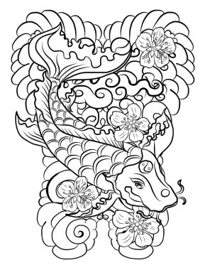 Güzel çizgi sanatı Koi sazan dövmesi tasarımı, renkli koi balığı ve çiçek. Karalama sanatı, boyama kitabı ve gelecek nesillere baskı için geleneksel Japon kültürü. Koi balığı arkaplanlı kiraz çiçeği vektörü..