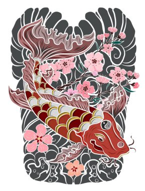 Güzel çizgi sanatı Koi sazan dövmesi tasarımı, renkli koi balığı ve çiçek. Karalama sanatı, boyama kitabı ve gelecek nesillere baskı için geleneksel Japon kültürü. Koi balığı arkaplanlı kiraz çiçeği vektörü..