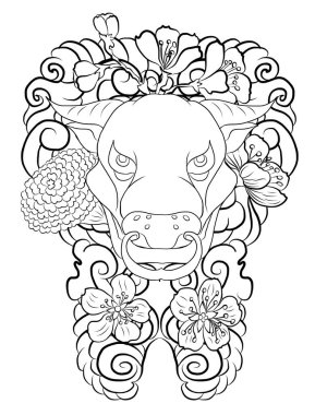 Mutlu yıllar için arka planda çiçekli inek. İnek ve sakura, kadife çiçeği dövmesi. Arka planda inek tasarımı taşıyıcısı. Renkli kumaşlar ve çiçeklerle süslenmiş Hint ineği. Sakura, şeftali..