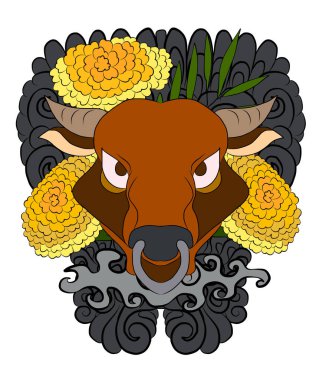 Mutlu yıllar için arka planda çiçekli inek. İnek ve sakura, kadife çiçeği dövmesi. Arka planda inek tasarımı taşıyıcısı. Renkli kumaşlar ve çiçeklerle süslenmiş Hint ineği. Sakura, şeftali..