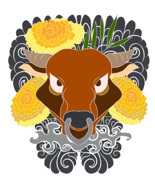 Mutlu yıllar için arka planda çiçekli inek. İnek ve sakura, kadife çiçeği dövmesi. Arka planda inek tasarımı taşıyıcısı. Renkli kumaşlar ve çiçeklerle süslenmiş Hint ineği. Sakura, şeftali..