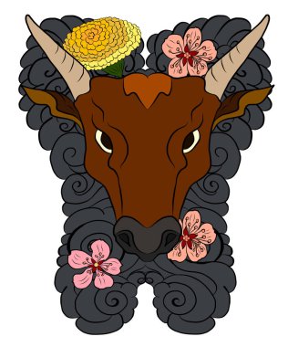 Mutlu yıllar için arka planda çiçekli inek. İnek ve sakura, kadife çiçeği dövmesi. Arka planda inek tasarımı taşıyıcısı. Renkli kumaşlar ve çiçeklerle süslenmiş Hint ineği. Sakura, şeftali..