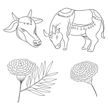 Mutlu yıllar için arka planda çiçekli inek. İnek ve sakura, kadife çiçeği dövmesi. Arka planda inek tasarımı taşıyıcısı. Renkli kumaşlar ve çiçeklerle süslenmiş Hint ineği. Sakura, şeftali..