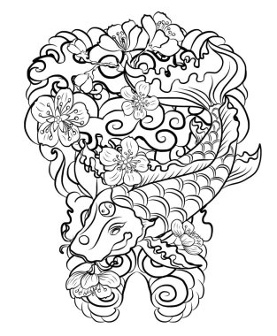 Güzel çizgi sanatı Koi sazan dövmesi tasarımı, renkli koi balığı ve çiçek. Karalama sanatı, boyama kitabı ve gelecek nesillere baskı için geleneksel Japon kültürü. Koi balığı arkaplanlı kiraz çiçeği vektörü..