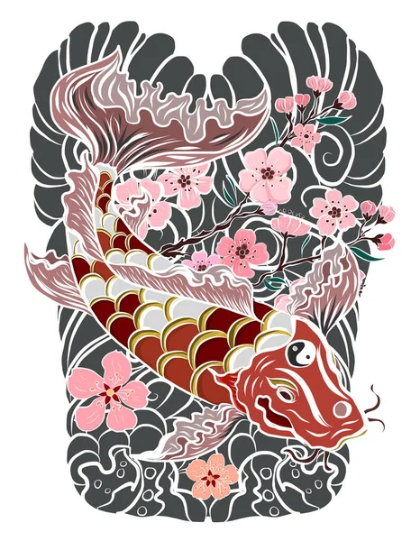 Güzel çizgi sanatı Koi sazan dövmesi tasarımı, renkli koi balığı ve çiçek. Karalama sanatı, boyama kitabı ve gelecek nesillere baskı için geleneksel Japon kültürü. Koi balığı arkaplanlı kiraz çiçeği vektörü..