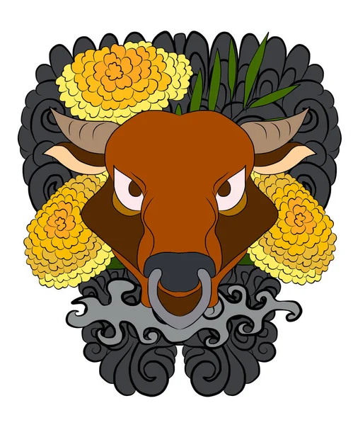 Mutlu yıllar için arka planda çiçekli inek. İnek ve sakura, kadife çiçeği dövmesi. Arka planda inek tasarımı taşıyıcısı. Renkli kumaşlar ve çiçeklerle süslenmiş Hint ineği. Sakura, şeftali..