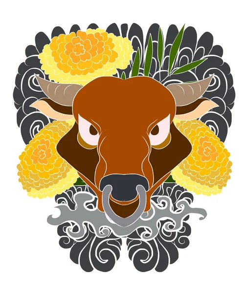 Mutlu yıllar için arka planda çiçekli inek. İnek ve sakura, kadife çiçeği dövmesi. Arka planda inek tasarımı taşıyıcısı. Renkli kumaşlar ve çiçeklerle süslenmiş Hint ineği. Sakura, şeftali..