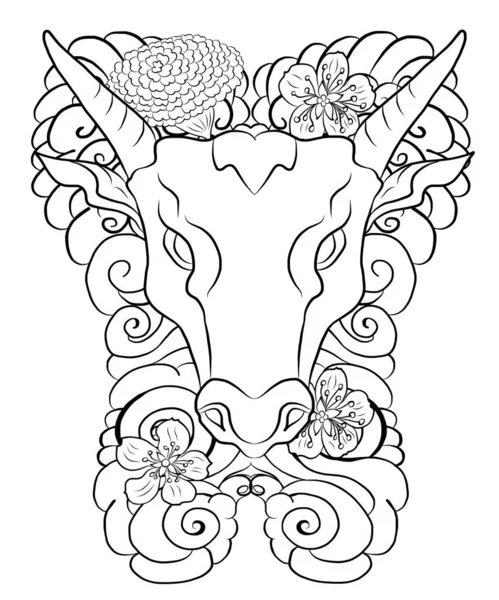 Mutlu yıllar için arka planda çiçekli inek. İnek ve sakura, kadife çiçeği dövmesi. Arka planda inek tasarımı taşıyıcısı. Renkli kumaşlar ve çiçeklerle süslenmiş Hint ineği. Sakura, şeftali..