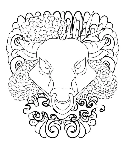 Mutlu yıllar için arka planda çiçekli inek. İnek ve sakura, kadife çiçeği dövmesi. Arka planda inek tasarımı taşıyıcısı. Renkli kumaşlar ve çiçeklerle süslenmiş Hint ineği. Sakura, şeftali..