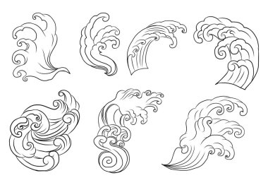 Japon bulutları ve dövme tasarımı için dalga çizimleri. Çin dalgaları vektör biçimi izole edilmiş beyaz arkaplan üzerinde. Kore dövmesi.