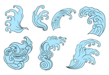 Japon bulutları ve dövme tasarımı için dalga çizimleri. Çin dalgaları vektör biçimi izole edilmiş beyaz arkaplan üzerinde. Kore dövmesi.