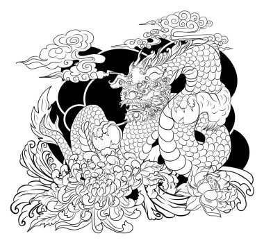 Japon kırmızı ejderha dövmesi. Çin Yeni Yılı için kırmızı zemin üzerinde ejderha. Altın Çin Ejderhası vektörü. Altın çizgili King Dragon dövmesi. T-shirt için çizgi film vektörü..