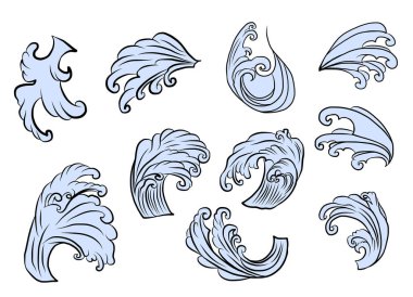 Japon bulutları ve dövme tasarımı için dalga çizimleri. Çin dalgaları vektör biçimi izole edilmiş beyaz arkaplan üzerinde. Kore dövmesi.