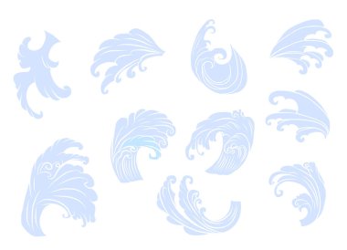 Japon bulutları ve dövme tasarımı için dalga çizimleri. Çin dalgaları vektör biçimi izole edilmiş beyaz arkaplan üzerinde. Kore dövmesi.