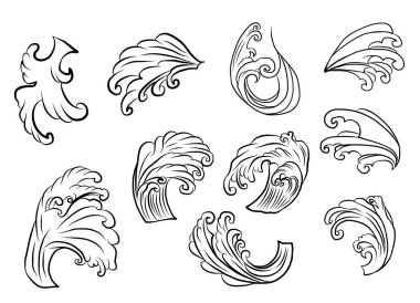 Japon bulutları ve dövme tasarımı için dalga çizimleri. Çin dalgaları vektör biçimi izole edilmiş beyaz arkaplan üzerinde. Kore dövmesi.