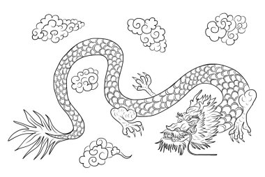 Japon kırmızı ejderha dövmesi. Çin Yeni Yılı için kırmızı zemin üzerinde ejderha. Altın Çin Ejderhası vektörü. Altın çizgili sanat kralı ejderhası dövmesi..