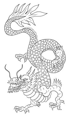 Japon kırmızı ejderha dövmesi. Çin Yeni Yılı için kırmızı zemin üzerinde ejderha. Altın Çin Ejderhası vektörü. Altın çizgili sanat kralı ejderhası dövmesi..