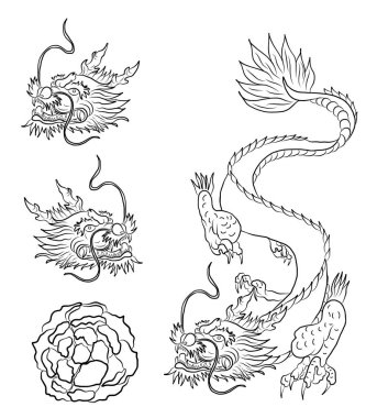 Japon kırmızı ejderha dövmesi. Çin Yeni Yılı için kırmızı zemin üzerinde ejderha. Altın Çin Ejderhası vektörü. Altın çizgili sanat kralı ejderhası dövmesi..
