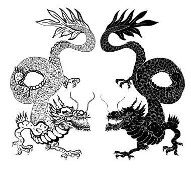 Japon kırmızı ejderha dövmesi. Çin Yeni Yılı için kırmızı zemin üzerinde ejderha. Altın Çin Ejderhası vektörü. Altın çizgili sanat kralı ejderhası dövmesi..