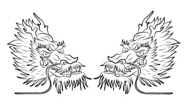 Japon kırmızı ejderha dövmesi. Çin Yeni Yılı için kırmızı zemin üzerinde ejderha. Altın Çin Ejderhası vektörü. Altın çizgili sanat kralı ejderhası dövmesi..