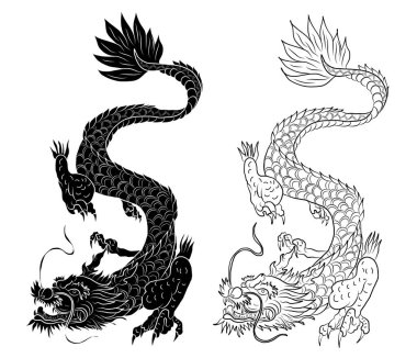 Japon kırmızı ejderha dövmesi. Çin Yeni Yılı için kırmızı zemin üzerinde ejderha. Altın Çin Ejderhası vektörü. Altın çizgili sanat kralı ejderhası dövmesi..