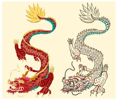 Japon kırmızı ejderha dövmesi. Çin Yeni Yılı için kırmızı zemin üzerinde ejderha. Altın Çin Ejderhası vektörü. Altın çizgili sanat kralı ejderhası dövmesi..