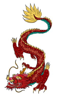 Japon kırmızı ejderha dövmesi. Çin Yeni Yılı için kırmızı zemin üzerinde ejderha. Altın Çin Ejderhası vektörü. Altın çizgili sanat kralı ejderhası dövmesi..