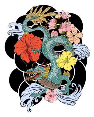 Elle çizilmiş ejderha dövmesi, boyama kitabı Japon stili. Dövme için eski Japon ejderhası. Tişört için arka planda Çin ejderhası çiziminin sembolü. Geleneksel Asya dövmesi Eski ejderha vektörü.