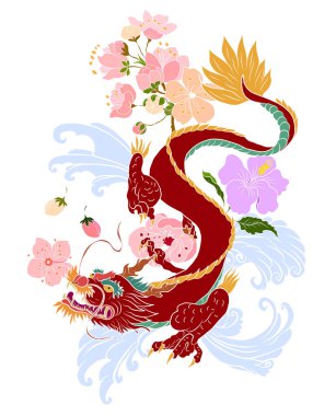 Elle çizilmiş ejderha dövmesi, boyama kitabı Japon stili. Dövme için eski Japon ejderhası. Tişört için arka planda Çin ejderhası çiziminin sembolü. Geleneksel Asya dövmesi Eski ejderha vektörü.