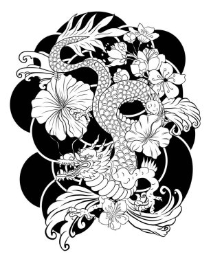 Elle çizilmiş ejderha dövmesi, boyama kitabı Japon stili. Dövme için eski Japon ejderhası. Tişört için arka planda Çin ejderhası çiziminin sembolü. Geleneksel Asya dövmesi Eski ejderha vektörü.