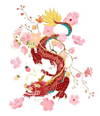 Elle çizilmiş ejderha dövmesi, boyama kitabı Japon stili. Dövme için eski Japon ejderhası. Tişört için arka planda Çin ejderhası çiziminin sembolü. Geleneksel Asya dövmesi Eski ejderha vektörü.