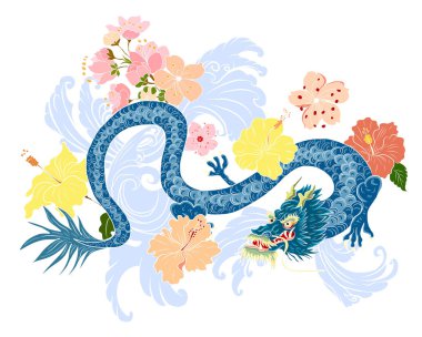 Elle çizilmiş ejderha dövmesi, boyama kitabı Japon stili. Dövme için eski Japon ejderhası. Tişört için arka planda Çin ejderhası çiziminin sembolü. Geleneksel Asya dövmesi Eski ejderha vektörü.