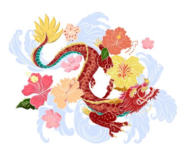 Elle çizilmiş ejderha dövmesi, boyama kitabı Japon stili. Dövme için eski Japon ejderhası. Tişört için arka planda Çin ejderhası çiziminin sembolü. Geleneksel Asya dövmesi Eski ejderha vektörü.