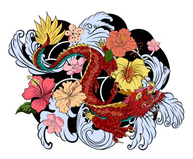 Elle çizilmiş ejderha dövmesi, boyama kitabı Japon stili. Dövme için eski Japon ejderhası. Tişört için arka planda Çin ejderhası çiziminin sembolü. Geleneksel Asya dövmesi Eski ejderha vektörü.