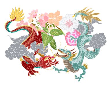 Elle çizilmiş ejderha dövmesi, boyama kitabı Japon stili. Dövme için eski Japon ejderhası. Tişört için arka planda Çin ejderhası çiziminin sembolü. Geleneksel Asya dövmesi Eski ejderha vektörü.