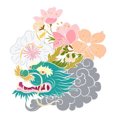 Elle çizilmiş ejderha dövmesi, boyama kitabı Japon stili. Dövme için eski Japon ejderhası. Tişört için arka planda Çin ejderhası çiziminin sembolü. Geleneksel Asya dövmesi Eski ejderha vektörü.