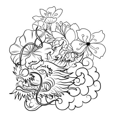 Elle çizilmiş ejderha dövmesi, boyama kitabı Japon stili. Dövme için eski Japon ejderhası. Tişört için arka planda Çin ejderhası çiziminin sembolü. Geleneksel Asya dövmesi Eski ejderha vektörü.