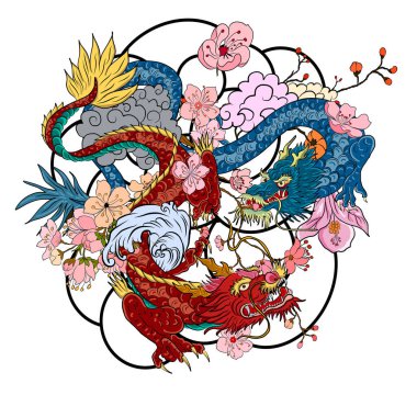 Elle çizilmiş ejderha dövmesi, boyama kitabı Japon stili. Dövme için eski Japon ejderhası. Tişört için arka planda Çin ejderhası çiziminin sembolü. Geleneksel Asya dövmesi Eski ejderha vektörü.