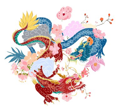 Elle çizilmiş ejderha dövmesi, boyama kitabı Japon stili. Dövme için eski Japon ejderhası. Tişört için arka planda Çin ejderhası çiziminin sembolü. Geleneksel Asya dövmesi Eski ejderha vektörü.