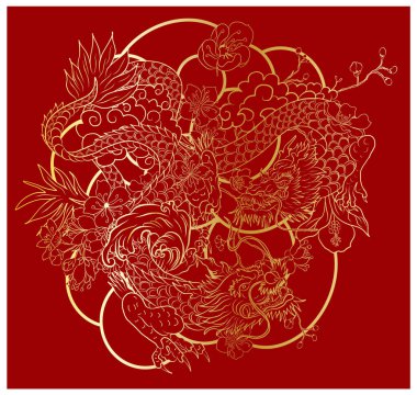 Elle çizilmiş ejderha dövmesi, boyama kitabı Japon stili. Dövme için eski Japon ejderhası. Tişört için arka planda Çin ejderhası çiziminin sembolü. Geleneksel Asya dövmesi Eski ejderha vektörü.