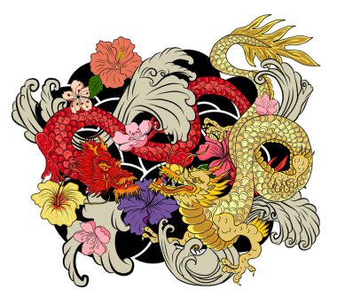 Elle çizilmiş ejderha dövmesi, boyama kitabı Japon stili. Dövme için eski Japon ejderhası. Tişört için arka planda Çin ejderhası çiziminin sembolü. Geleneksel Asya dövmesi Eski ejderha vektörü.