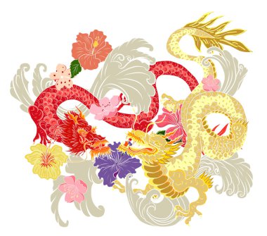 Elle çizilmiş ejderha dövmesi, boyama kitabı Japon stili. Dövme için eski Japon ejderhası. Tişört için arka planda Çin ejderhası çiziminin sembolü. Geleneksel Asya dövmesi Eski ejderha vektörü.